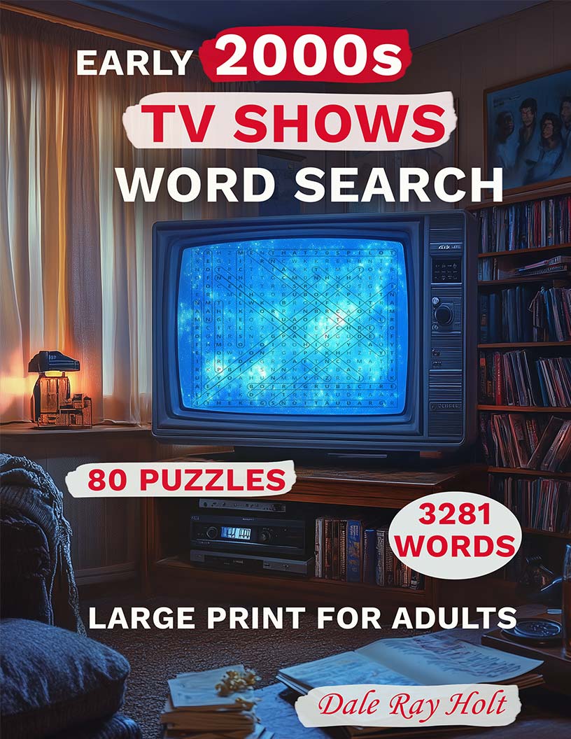 Early 2000s TV Shows Word Search large print puzzle book cover — 80 puzzles across sitcoms, dramas, reality TV and the last pre-streaming era