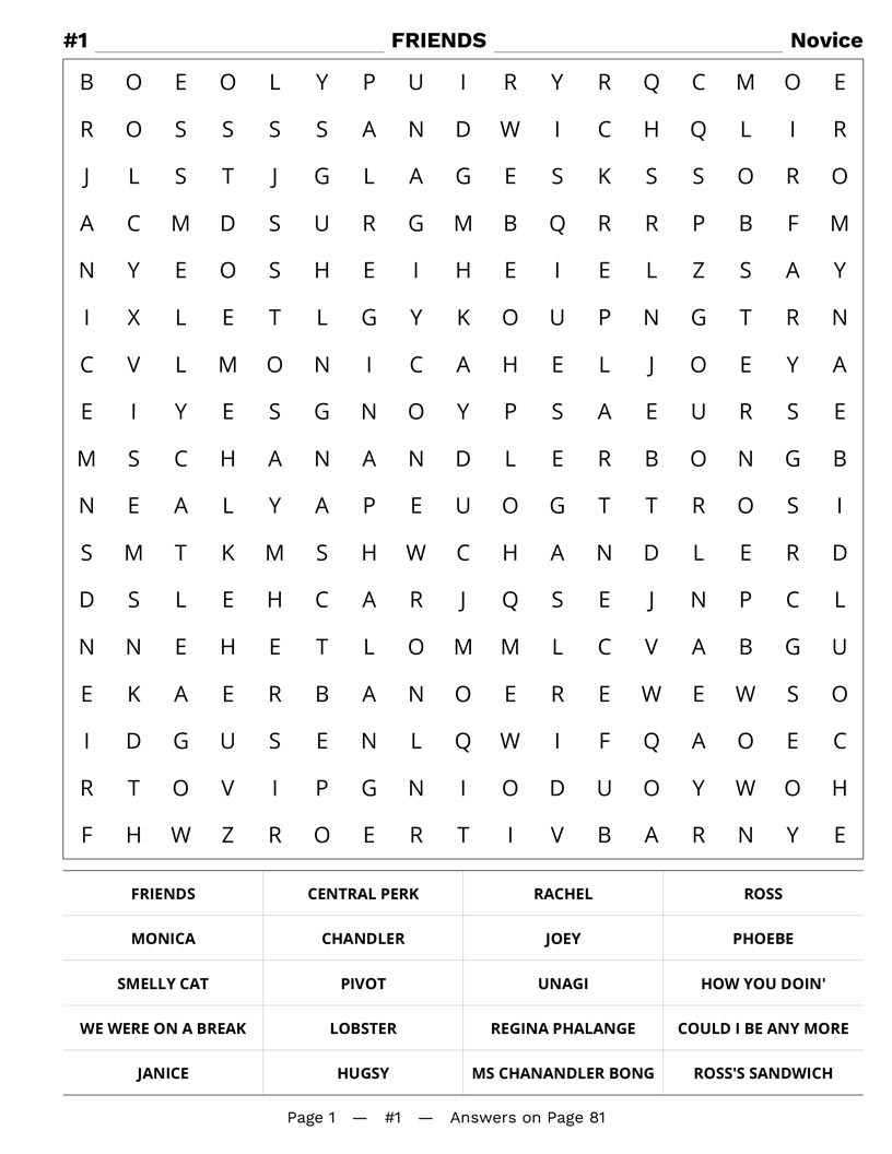 Early 2000s TV Shows Word Search interior — iconic sitcoms and ensemble comedy characters puzzle grid large print