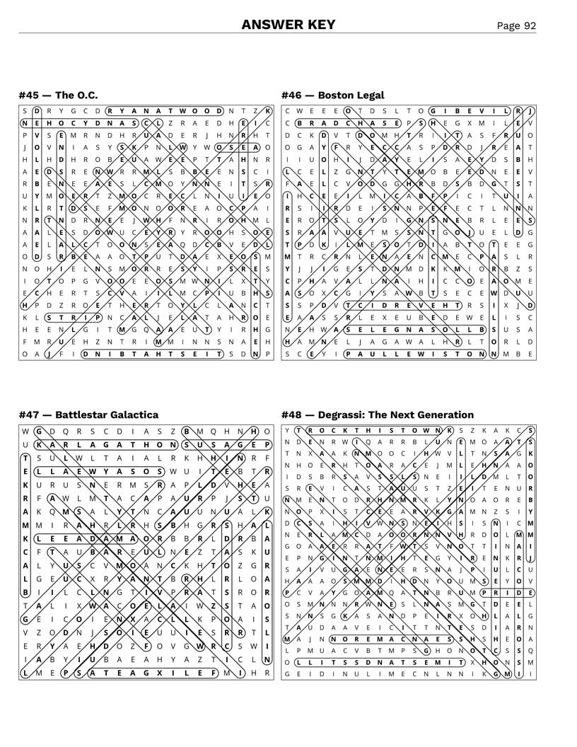 Early 2000s TV Shows Word Search answer key — 4 puzzle solutions per answer page