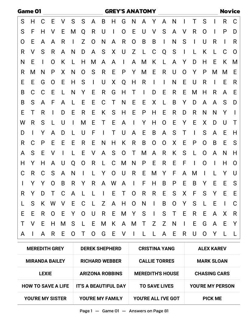 2000s TV Shows Word Search interior — iconic drama characters and plot twists puzzle grid large print