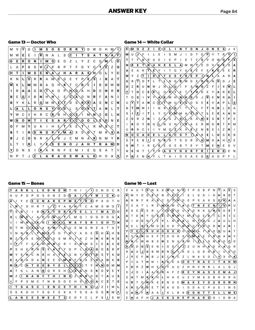 2000s TV Shows Word Search answer key — 4 puzzle solutions per answer page