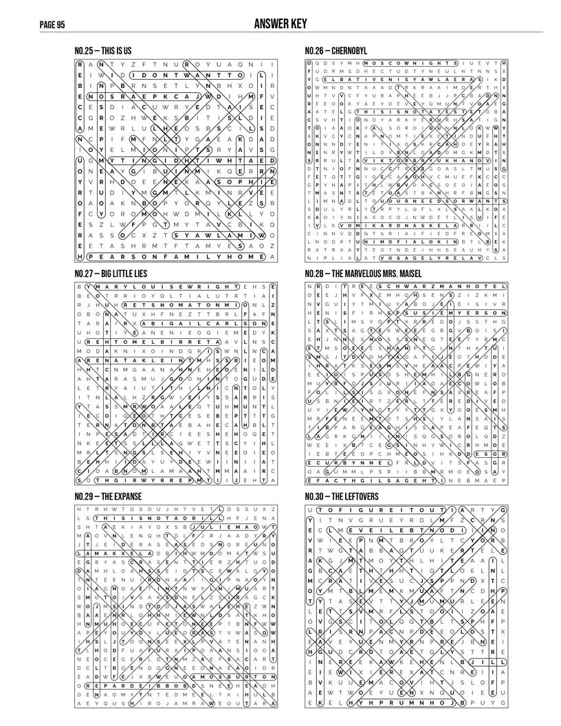 2010s TV Shows Word Search answer key — 4 puzzle solutions per answer page