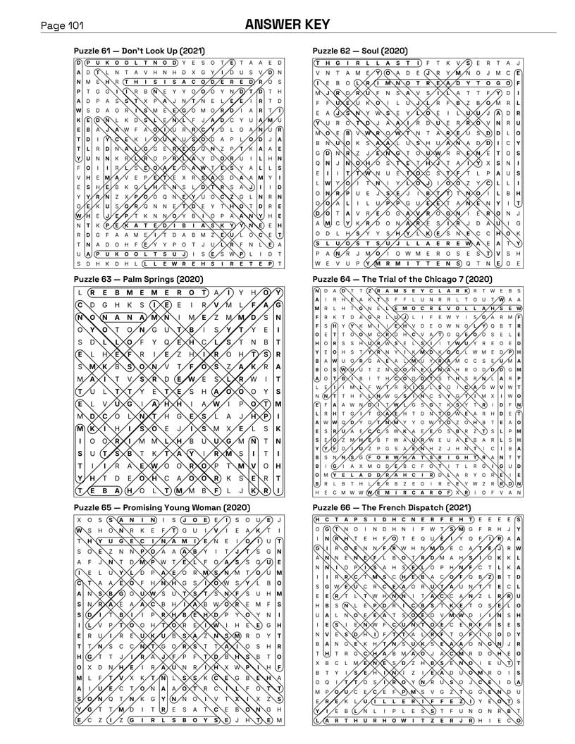 2020s TV Shows Word Search answer key — 6 puzzle solutions per answer page