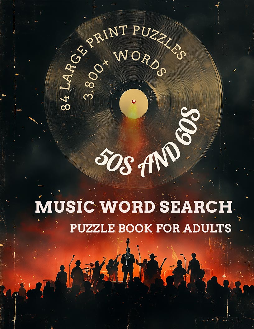 50s & 60s Music Word Search large print puzzle book cover — 84 puzzles across rockabilly, doo-wop, early R&B, jazz standards and the golden age of American music