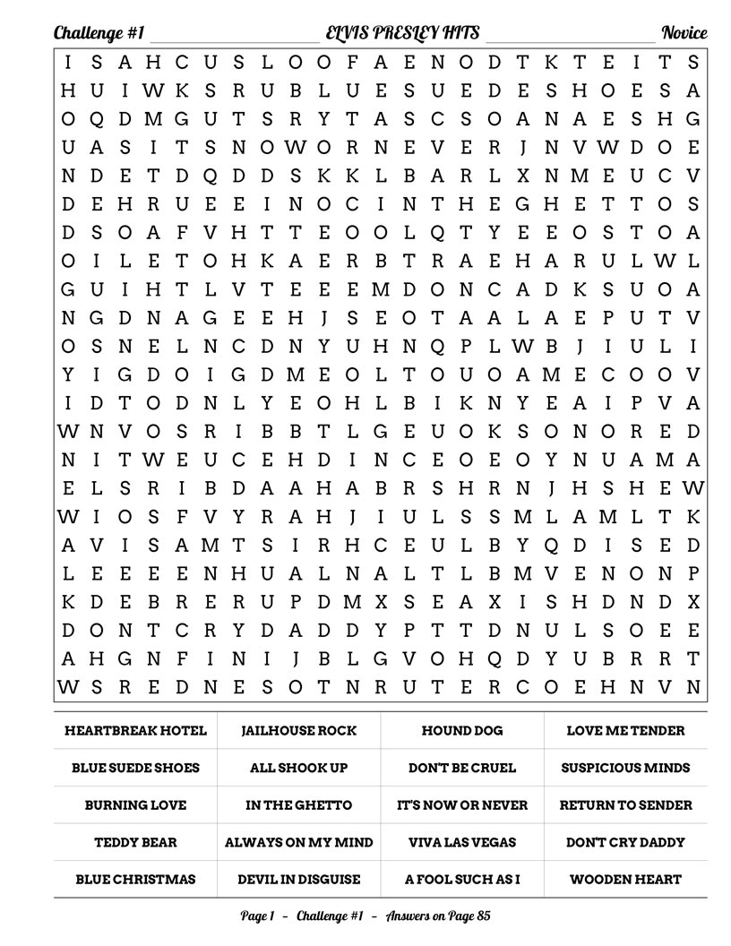 50s & 60s Music Word Search interior — rock and roll pioneers and rockabilly legends puzzle grid large print
