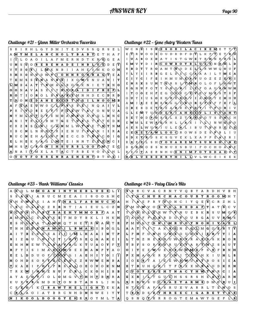 50s & 60s Music Word Search answer key — 4 puzzle solutions per answer page