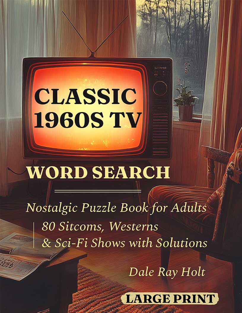 1960s TV Word Search large print puzzle book cover — 80 puzzles across classic sitcoms, westerns, variety shows and the decade that defined American television