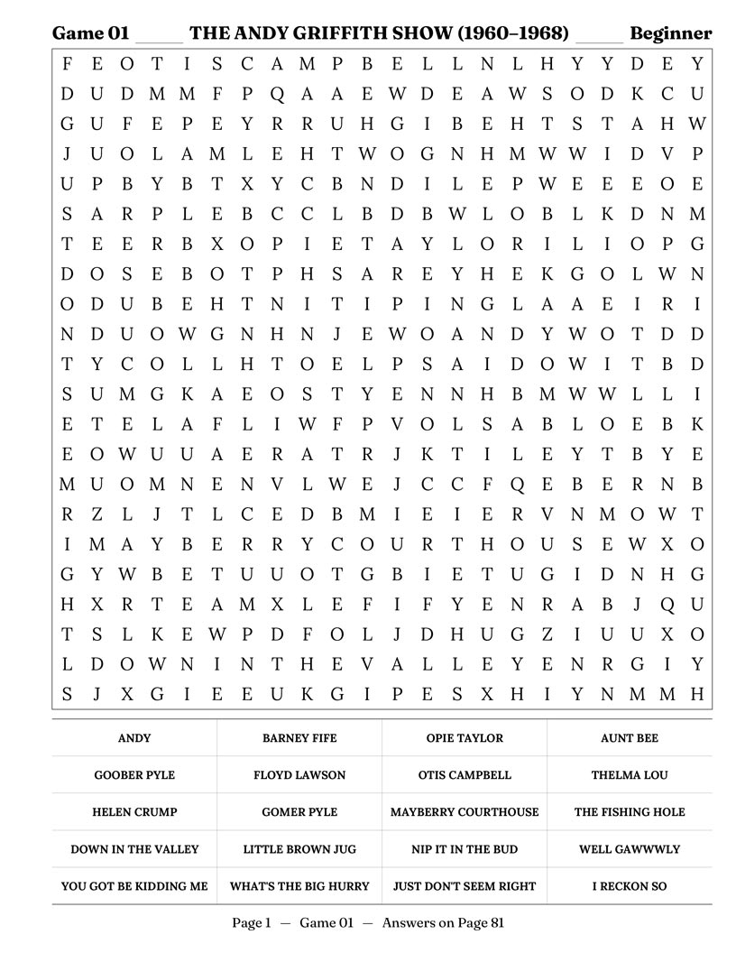 1960s TV Word Search interior — classic sitcoms and family comedies puzzle grid large print