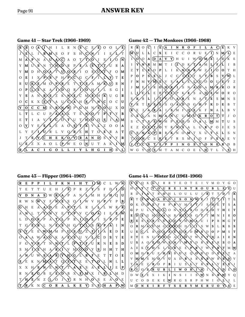 1960s TV Word Search answer key — 4 puzzle solutions per answer page