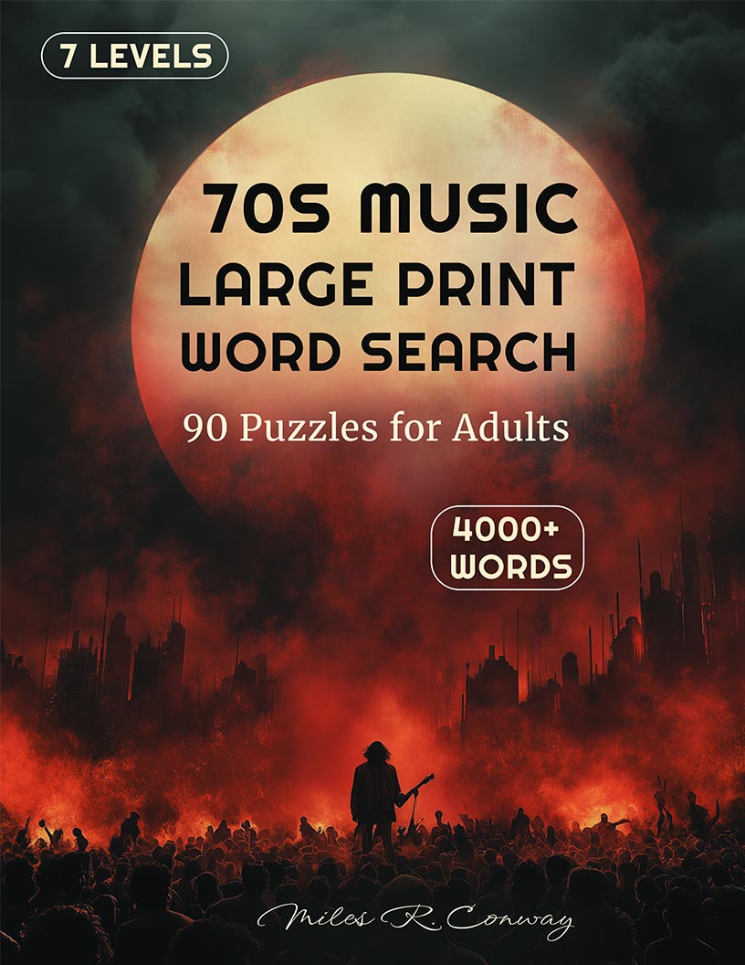 70s Music Word Search large print puzzle book cover — 90 puzzles across funk, disco, classic rock, punk, reggae and progressive rock
