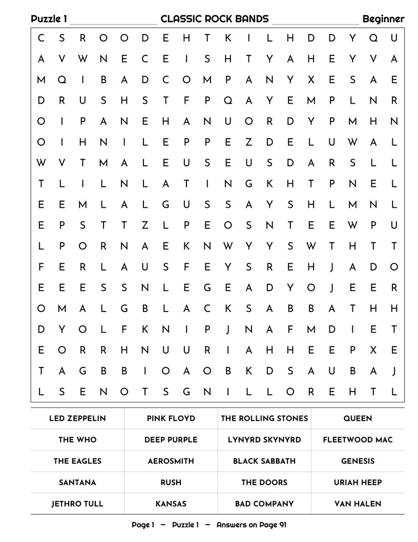 70s Music Word Search interior — classic rock and album-oriented rock bands puzzle grid large print