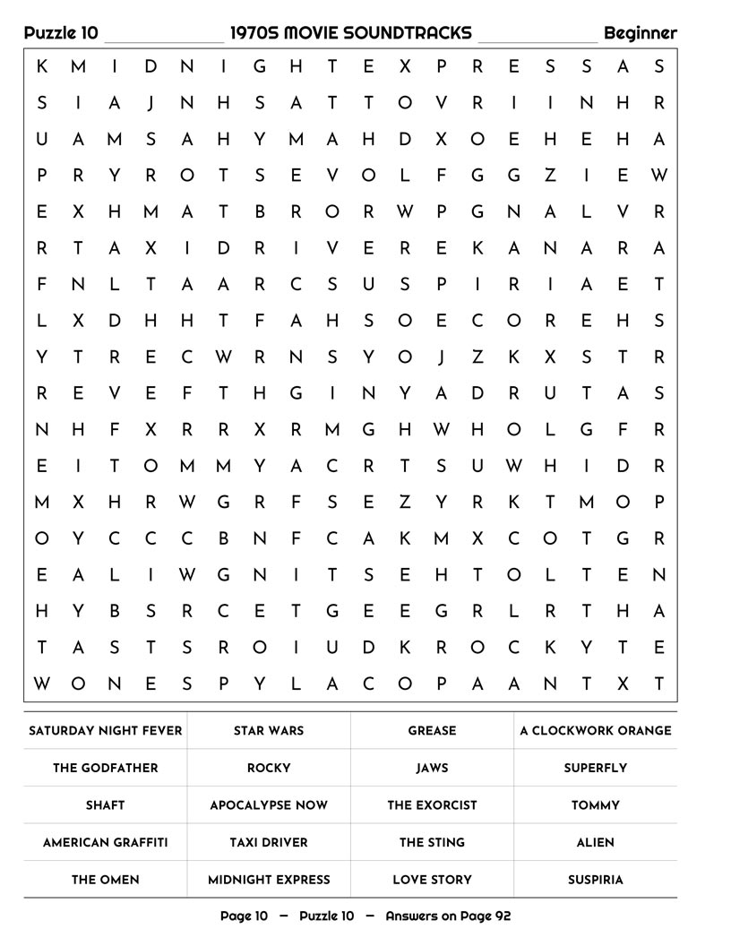 70s Music Word Search — funk and soul artists word find puzzle page