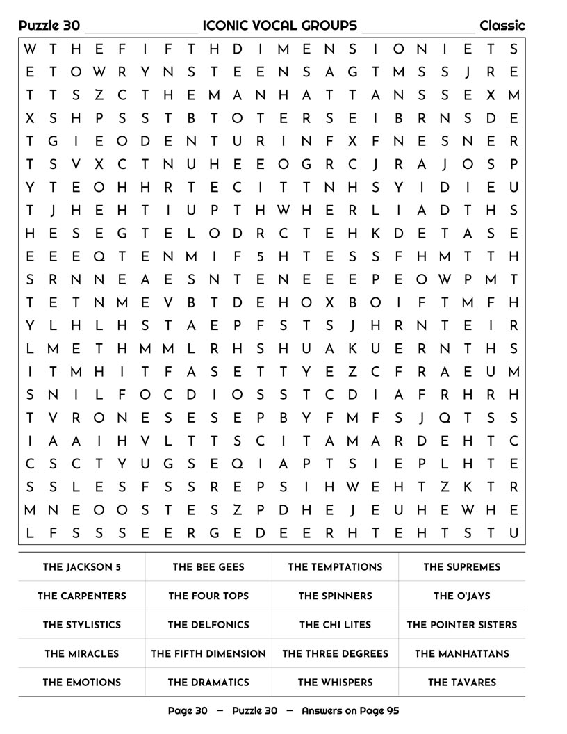 70s Music Word Search — reggae and progressive rock puzzle page