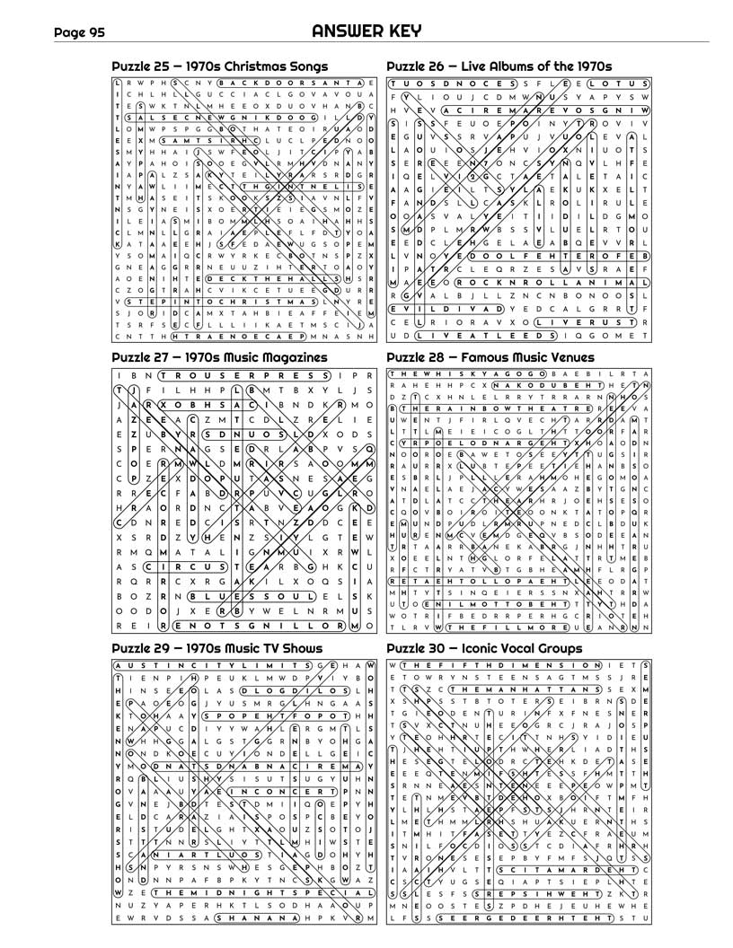 70s Music Word Search answer key — 6 puzzle solutions per answer page