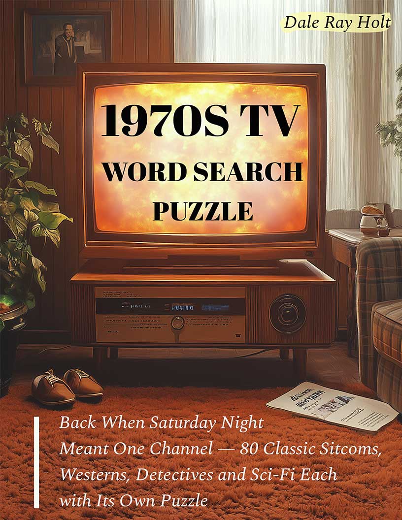 1970s TV Word Search large print puzzle book cover — 80 puzzles across classic sitcoms, westerns, detective shows and variety hours from 1970s television