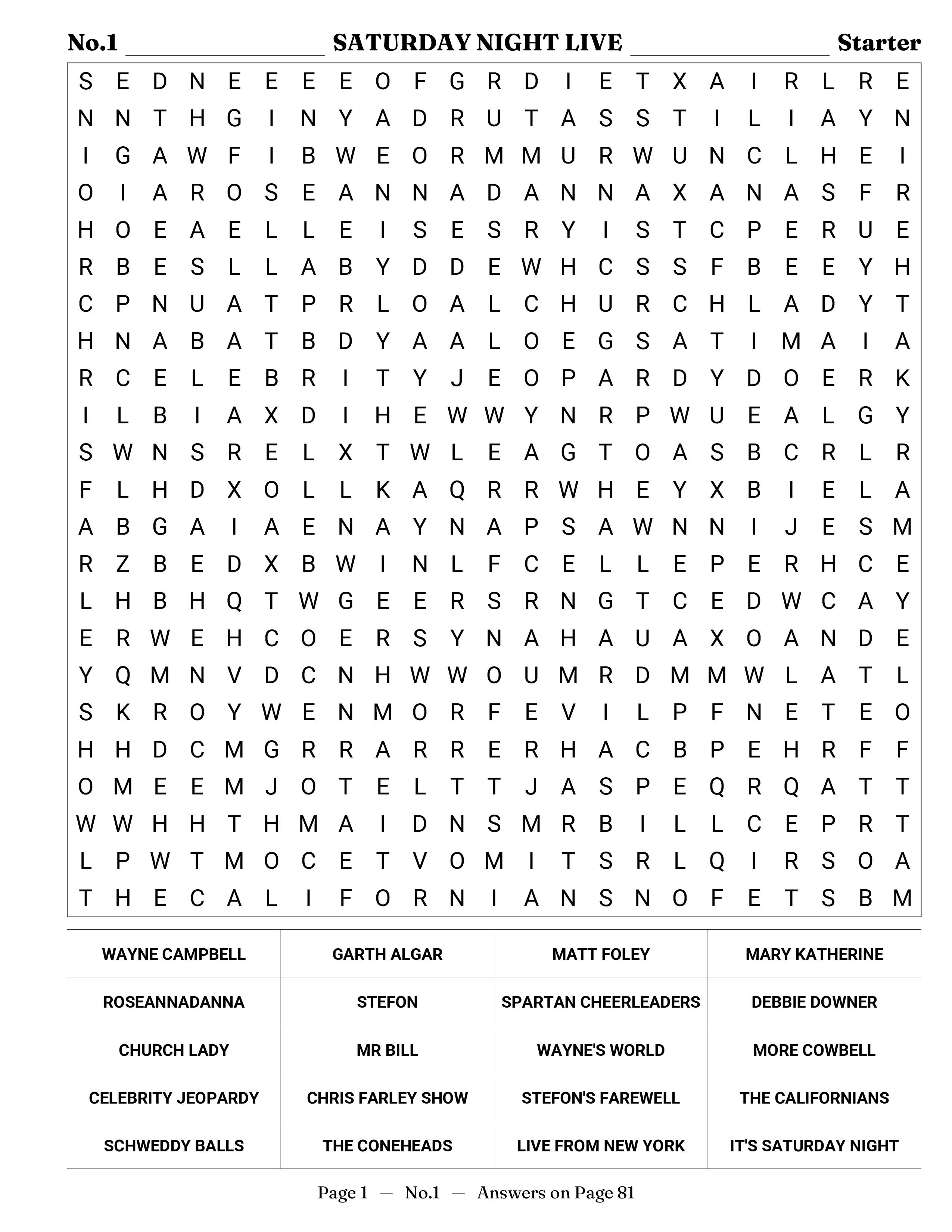 1970s TV Word Search interior — classic sitcoms and ensemble comedies puzzle grid large print