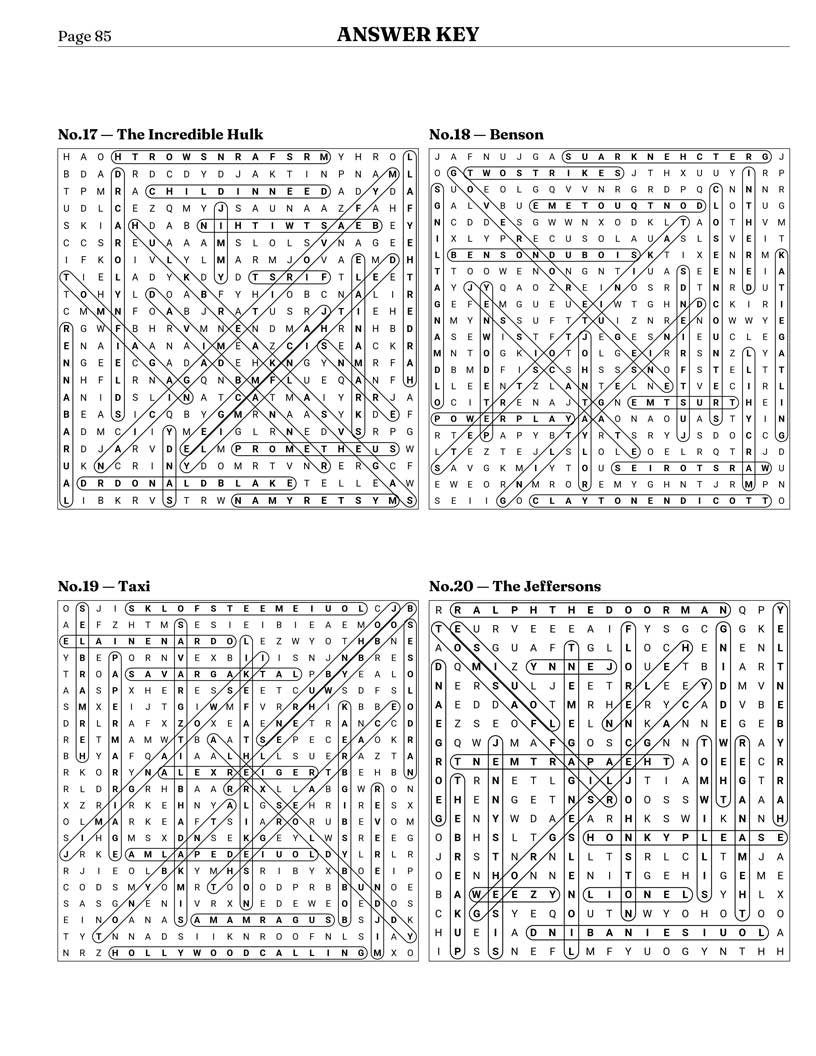 1970s TV Word Search answer key — 4 puzzle solutions per answer page