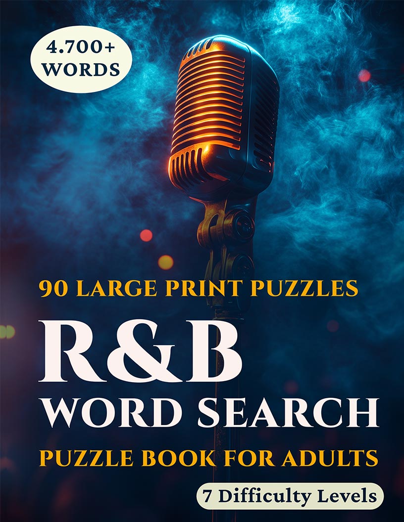 R&B Word Search Puzzle Book large print cover — 90 puzzles across Motown, new jack swing, quiet storm, neo-soul and nine decades of rhythm and blues