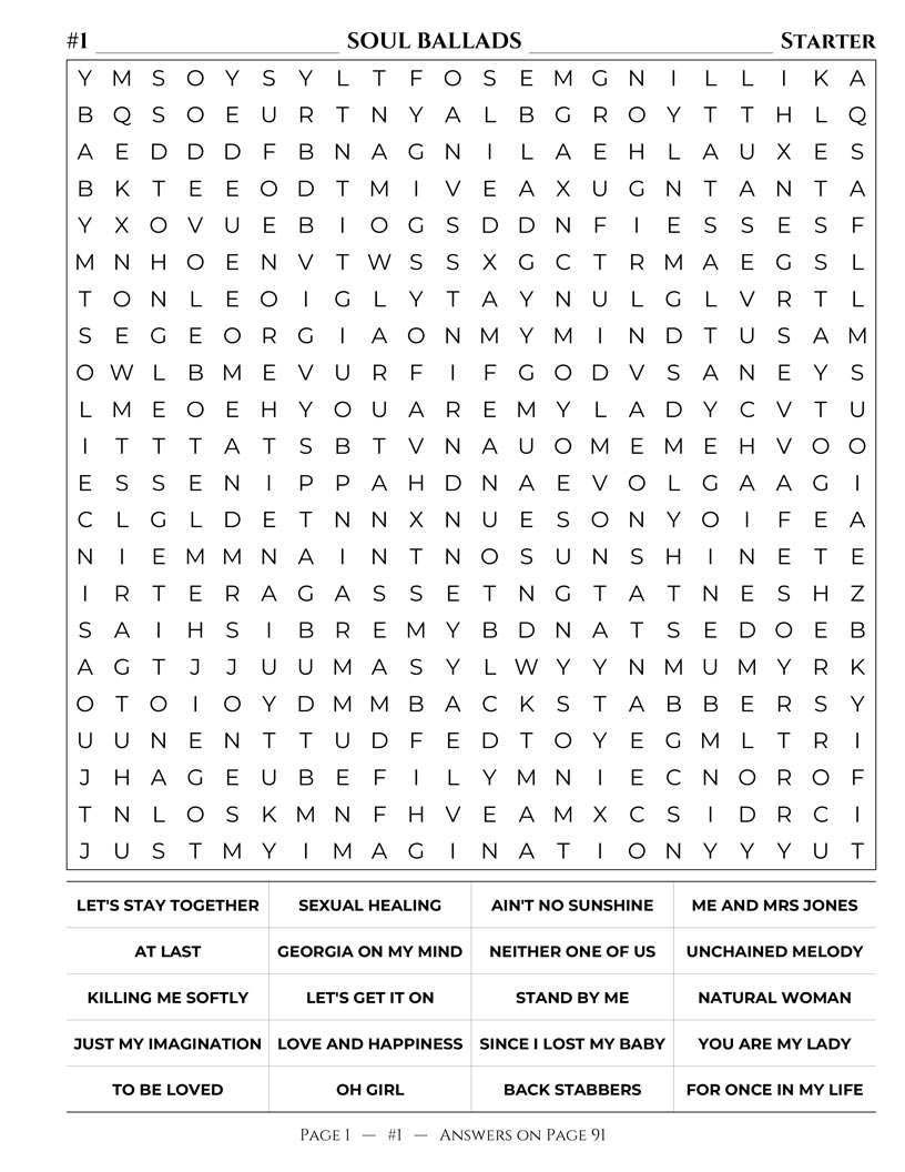 R&B Word Search interior — classic soul and Motown era legends puzzle grid large print