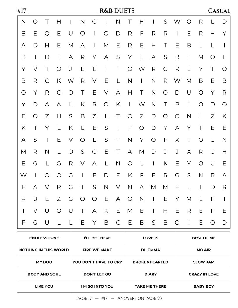 R&B Word Search — New Jack Swing and 90s R&B diva anthems word find puzzle page