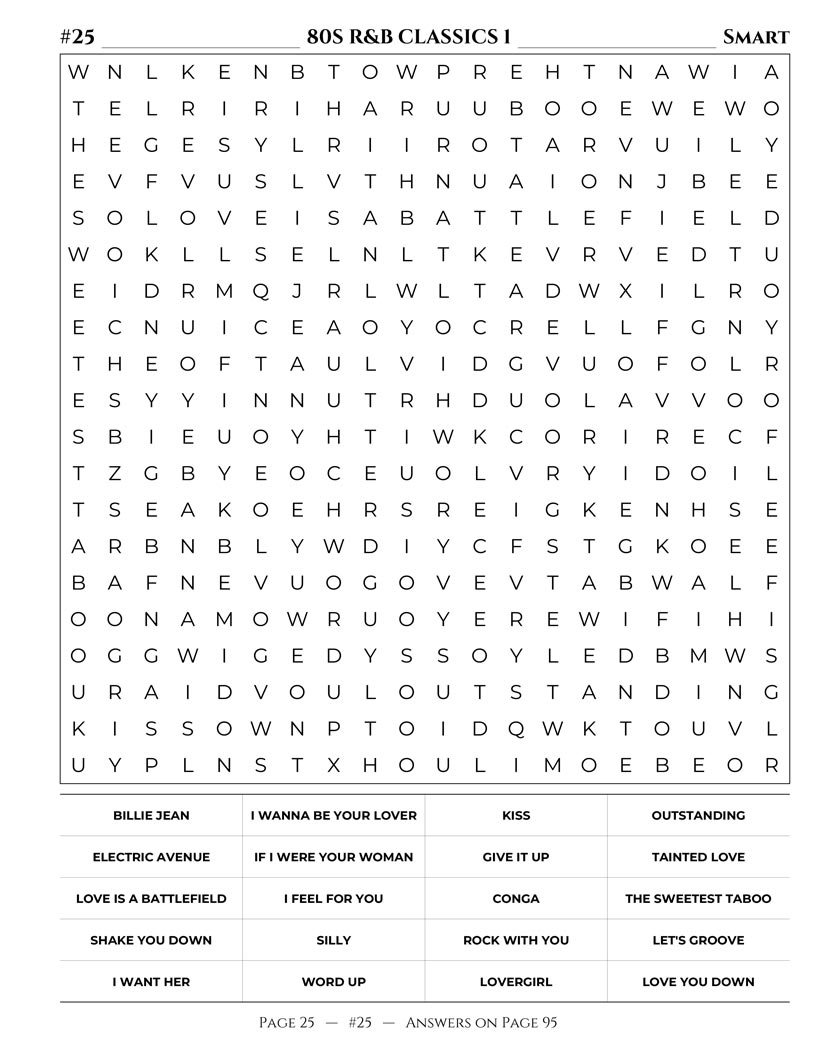 R&B Word Search — Quiet Storm slow jams and breakup songs word search grid