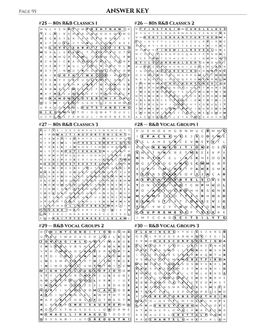 R&B Word Search answer key — 6 puzzle solutions per answer page