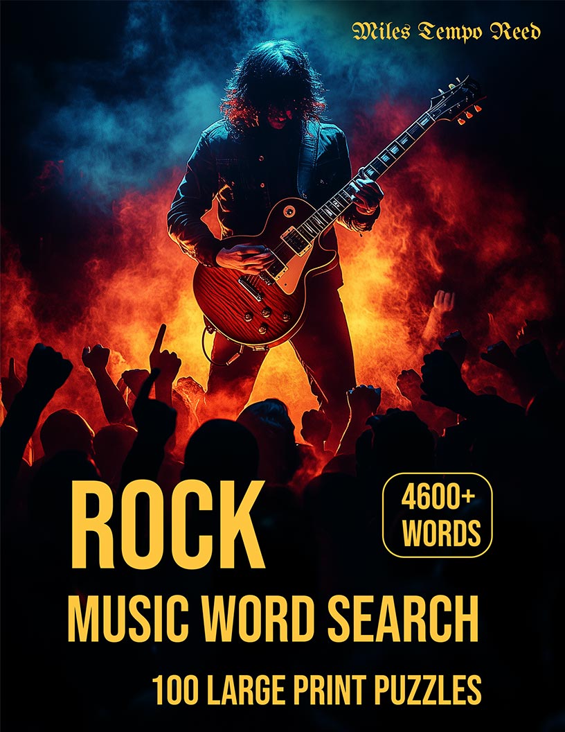 Rock Music Word Search large print puzzle book cover — 100 puzzles across classic rock, hard rock, punk, grunge and metal