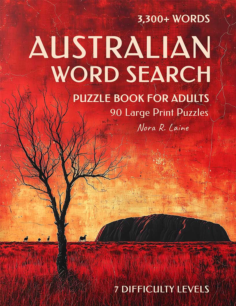 Australian Word Search Puzzle Book large print cover — 90 puzzles across Australian slang, wildlife, history, sport, cuisine and national identity