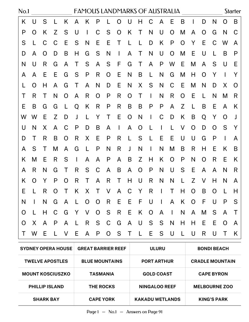 Australian Word Search interior — Australian slang and rhyming terms puzzle grid large print