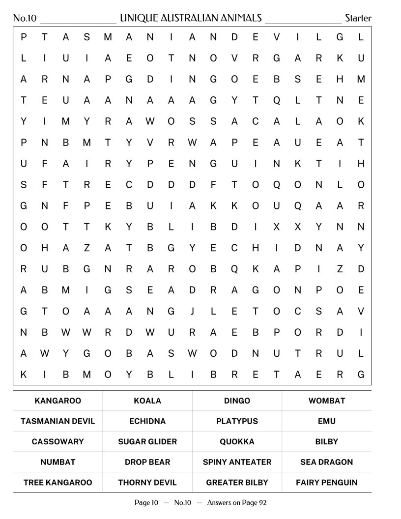 Australian Word Search — Australian wildlife nature and the Outback word find puzzle page