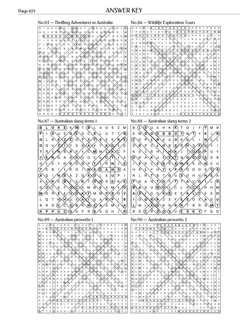 Australian Word Search answer key — 6 puzzle solutions per answer page