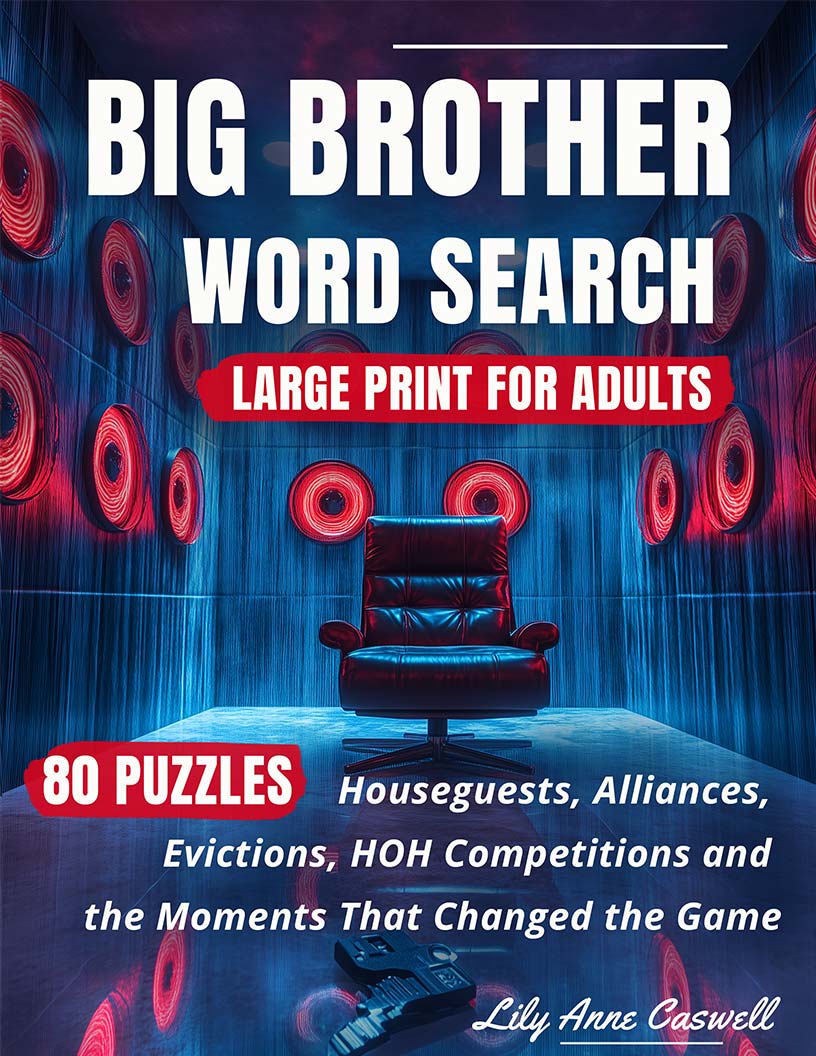 Big Brother Word Search large print puzzle book cover — 80 puzzles across houseguests, alliances, HOH competitions and eviction moments