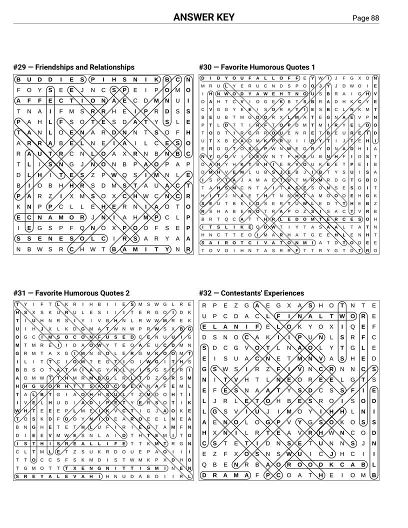 Big Brother Word Search answer key — 4 puzzle solutions per answer page