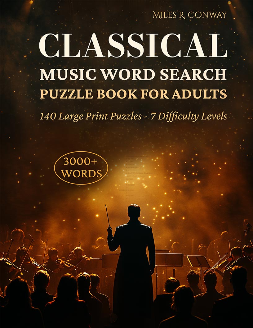 Classical Music Word Search large print puzzle book cover — 140 puzzles across Baroque, Classical, Romantic and Modern eras