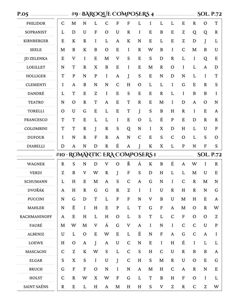 Classical Music Word Search — opera composers and famous opera houses word find puzzle page
