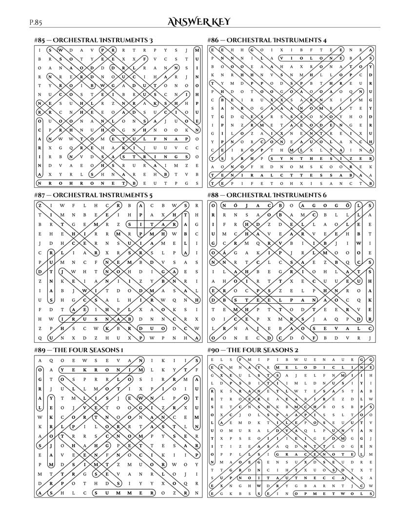 Classical Music Word Search answer key — 6 puzzle solutions per answer page