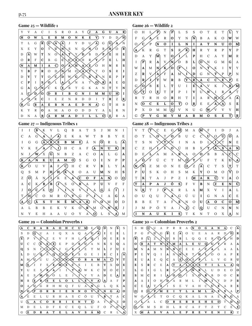 Colombian Word Search answer key — 6 puzzle solutions per answer page