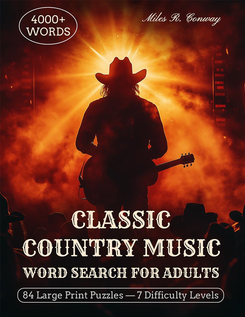Country Music Word Search large print puzzle book cover — 84 puzzles across classic country, outlaw era, honky-tonk and Nashville history