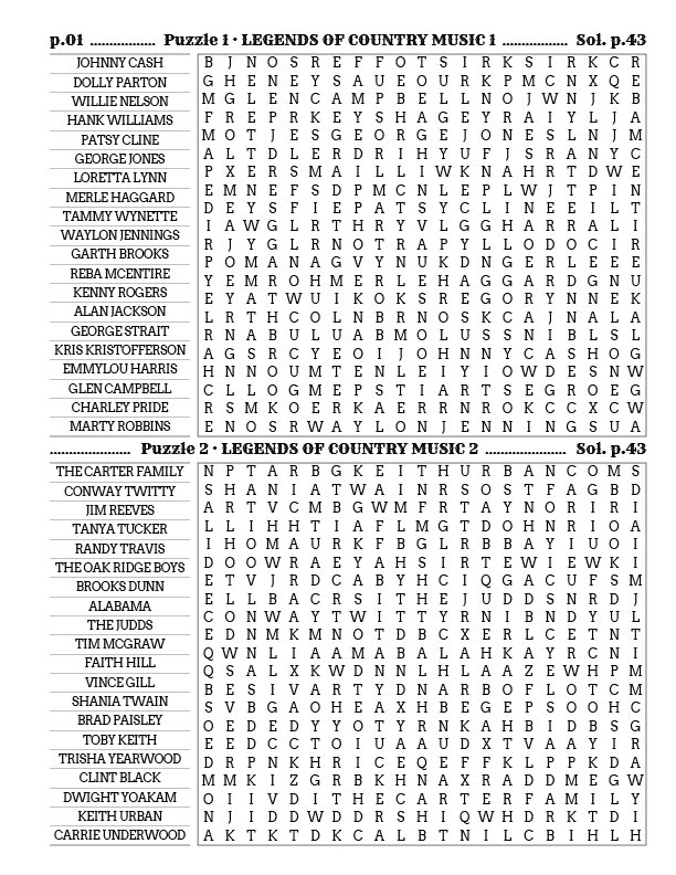 Country Music Word Search interior — outlaw country and Bakersfield sound legends puzzle grid large print