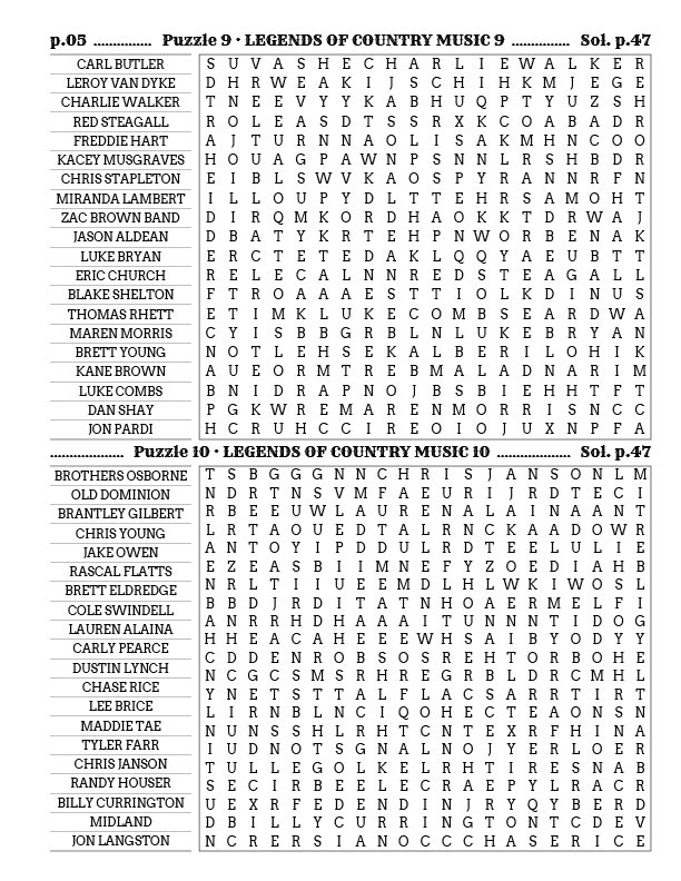 Country Music Word Search — honky-tonk song titles and classic country artists word find puzzle page