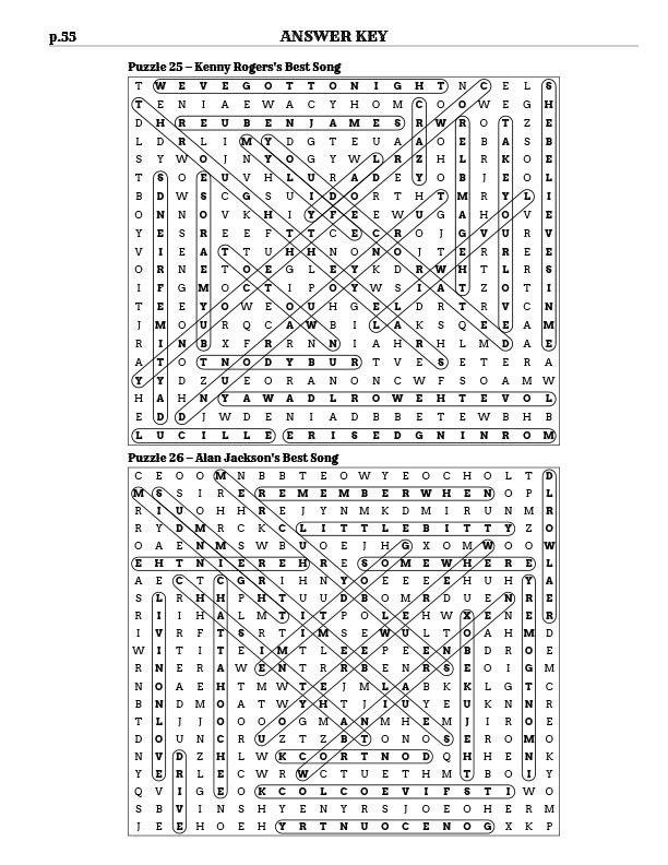 Country Music Word Search answer key page — 2 puzzles per answer grid