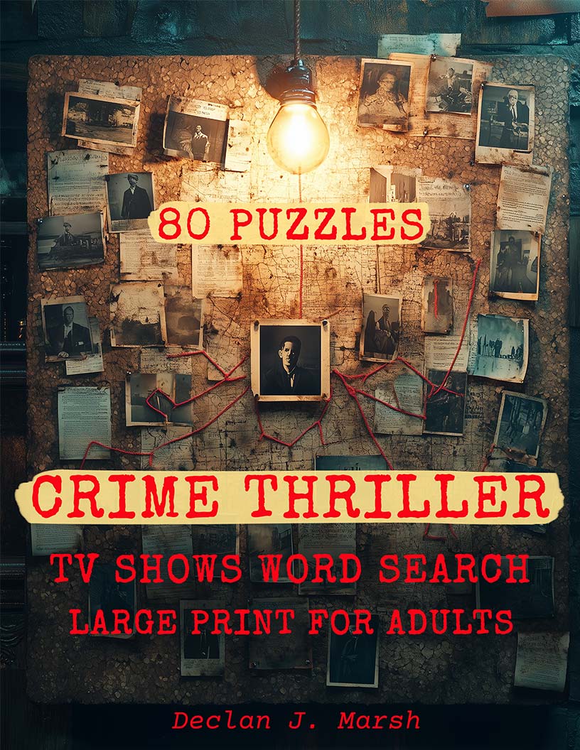 Crime Thriller TV Shows Word Search large print puzzle book cover — 80 puzzles across detective dramas, psychological thrillers and forensic procedurals