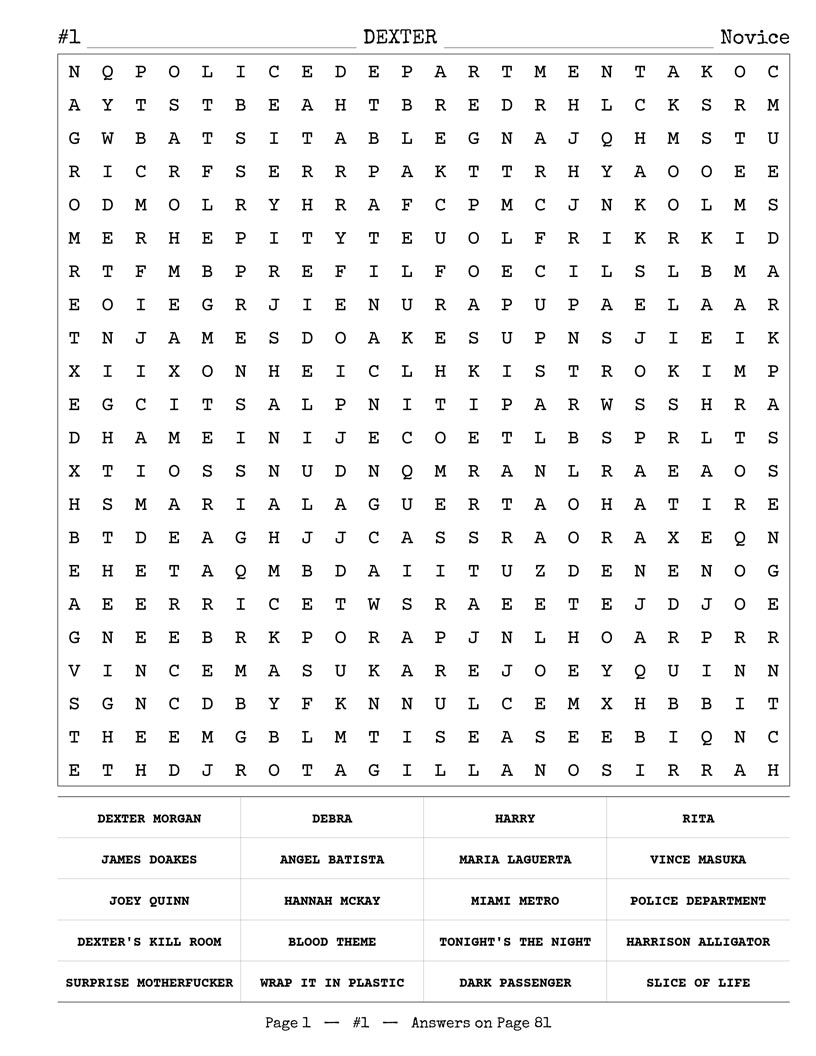 Crime Thriller TV Word Search interior — detective and investigator characters puzzle grid large print
