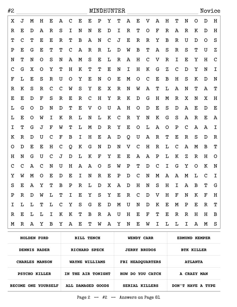 Crime Thriller TV Word Search — forensic and procedural vocabulary word find puzzle page