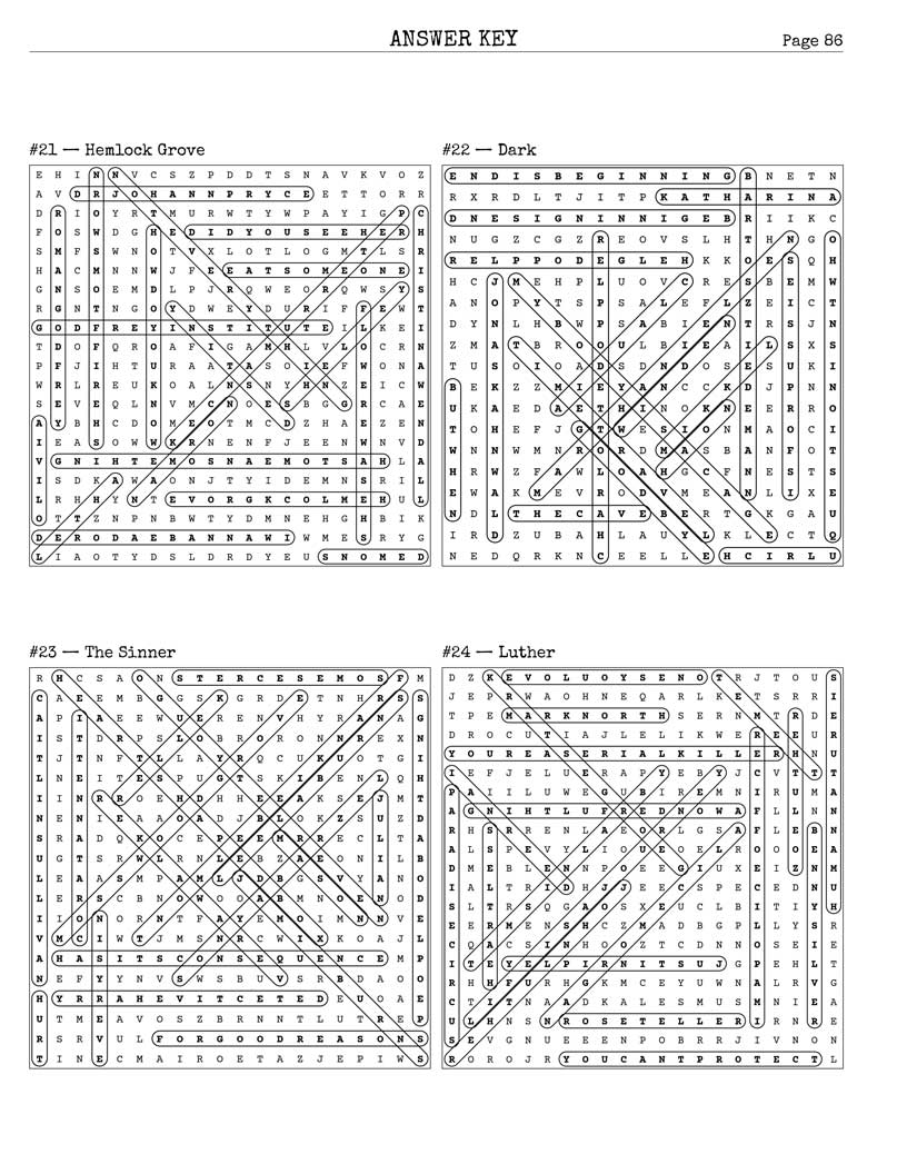 Crime Thriller TV Word Search answer key — 4 puzzle solutions per answer page