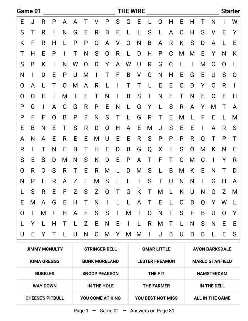 Crime Drama Word Search interior — classic police procedurals and detective characters puzzle grid large print