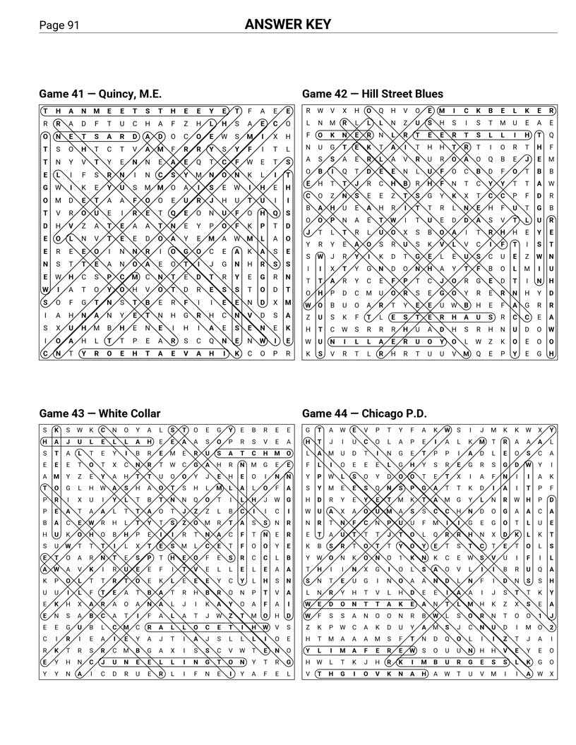 Crime Drama Word Search answer key — 4 puzzle solutions per answer page