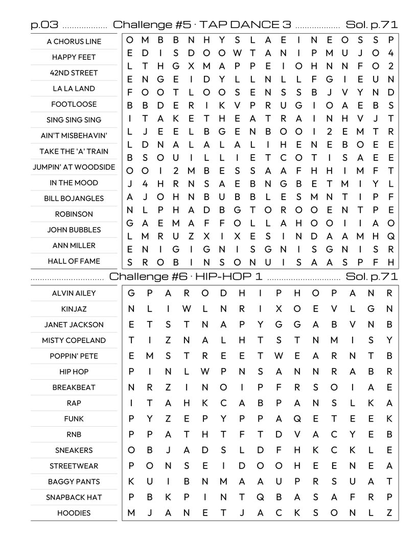 Dance Word Search interior — ballet and contemporary dance terms puzzle grid large print