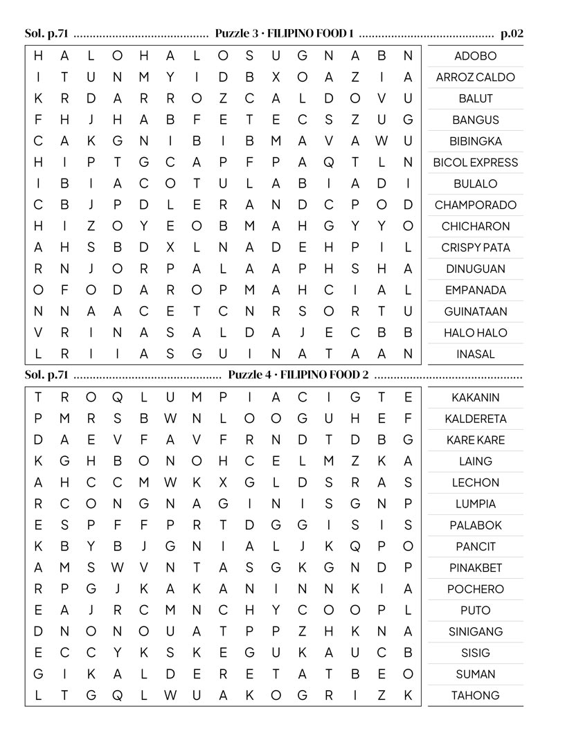 Filipino Word Search interior — Filipino cuisine adobo and sinigang puzzle grid large print