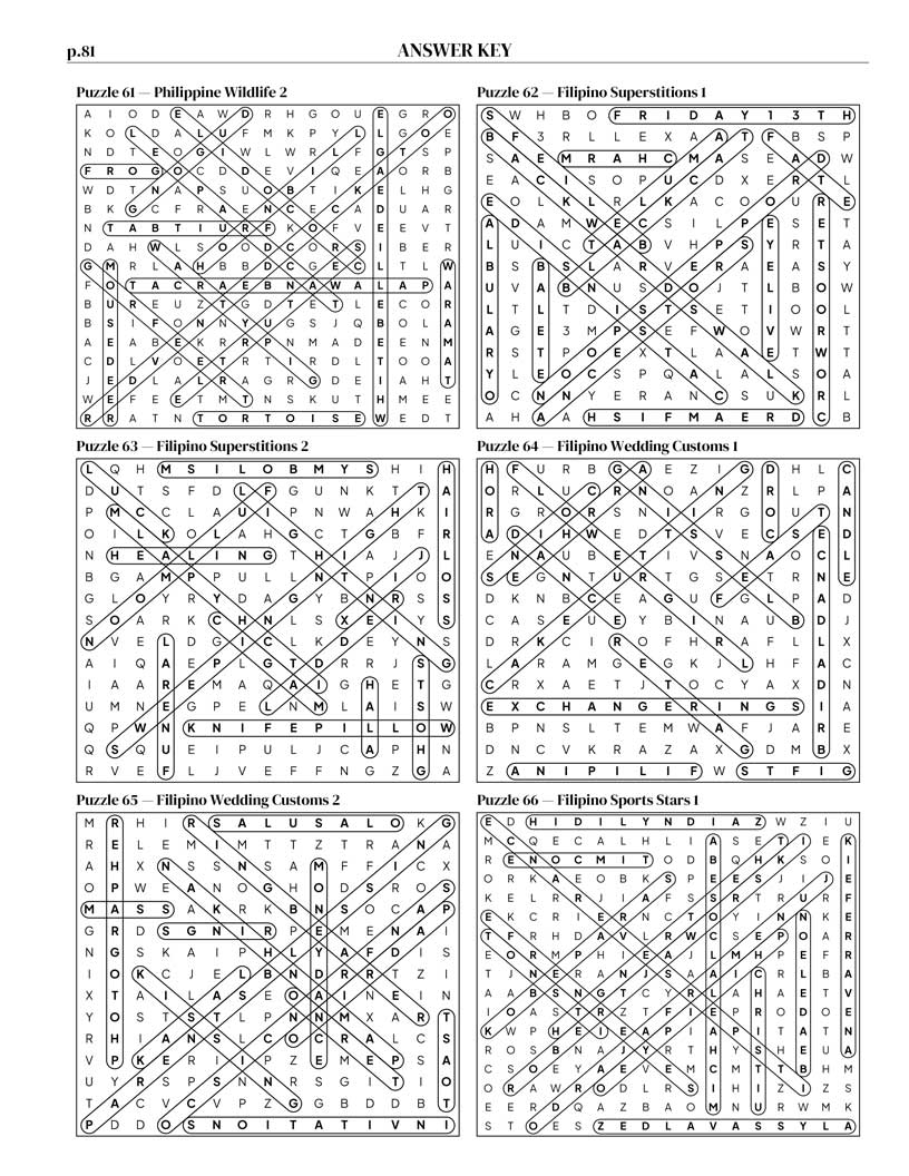 Filipino Word Search answer key — 6 puzzle solutions per answer page